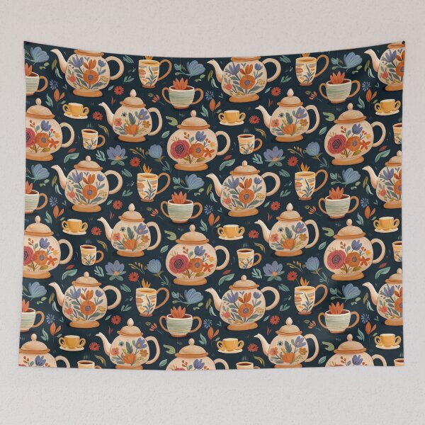 Item preview, A handdrawn pattern featuring tea pots/tea kettles, stacks of books, teacups, and flowers. designed and sold by brokenpones.