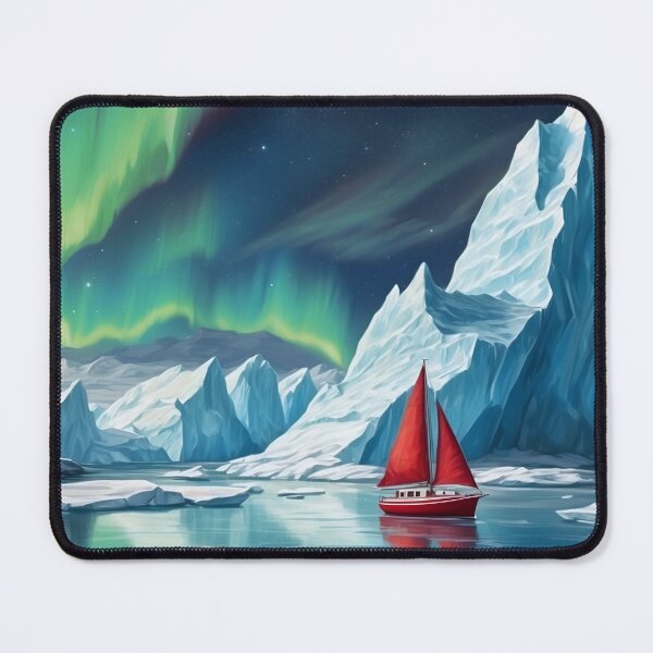 Item preview, Small red sailboat ship among big icebergs in the waters of north pole sea.Northern lights at background.Sea travel and adventures concepts designed and sold by Andrey-Myagkov.