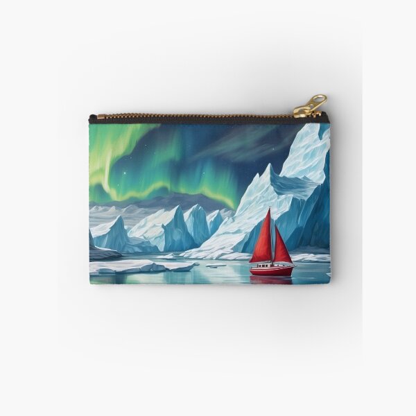 Item preview, Small red sailboat ship among big icebergs in the waters of north pole sea.Northern lights at background.Sea travel and adventures concepts designed and sold by Andrey-Myagkov.