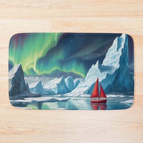 Item preview, Small red sailboat ship among big icebergs in the waters of north pole sea.Northern lights at background.Sea travel and adventures concepts designed and sold by Andrey-Myagkov.