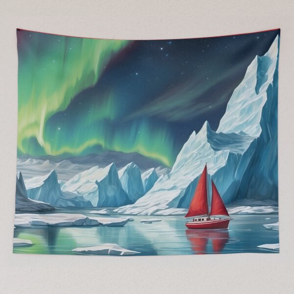Item preview, Small red sailboat ship among big icebergs in the waters of north pole sea.Northern lights at background.Sea travel and adventures concepts designed and sold by Andrey-Myagkov.
