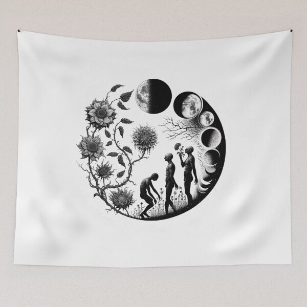 Item preview, Cosmic Life Cycle - Monochrome Moon Phases and Floral Art designed and sold by BlueGoldArt.