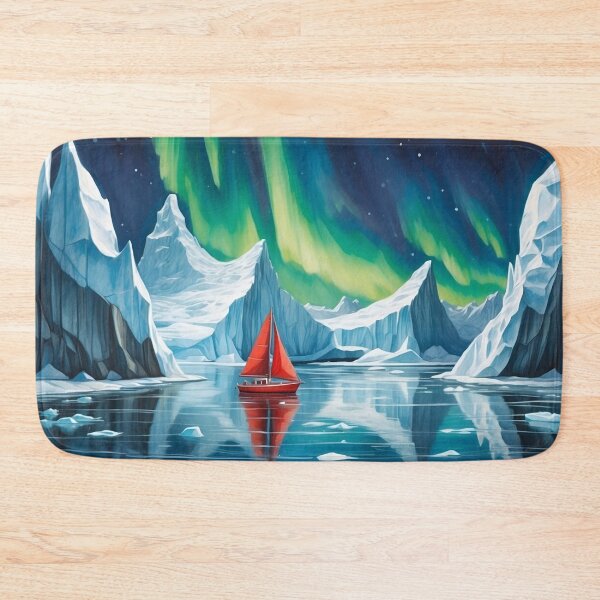 Item preview, Small red sailboat ship among big icebergs in the waters of north pole sea.Northern lights at background.Sea travel and adventures concepts designed and sold by Andrey-Myagkov.