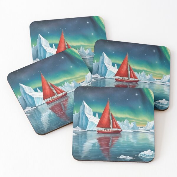 Item preview, Small red sailboat ship among big icebergs in the waters of north pole sea.Northern lights at background.Sea travel and adventures concepts designed and sold by Andrey-Myagkov.