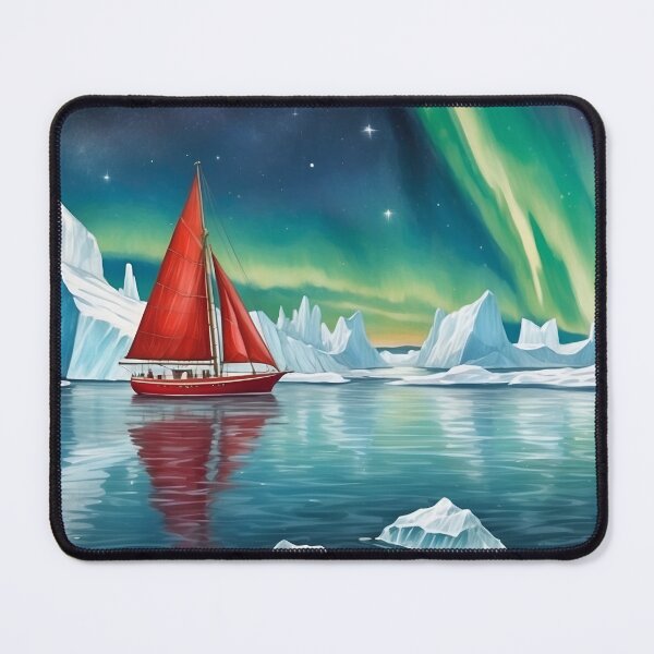 Item preview, Small red sailboat ship among big icebergs in the waters of north pole sea.Northern lights at background.Sea travel and adventures concepts designed and sold by Andrey-Myagkov.