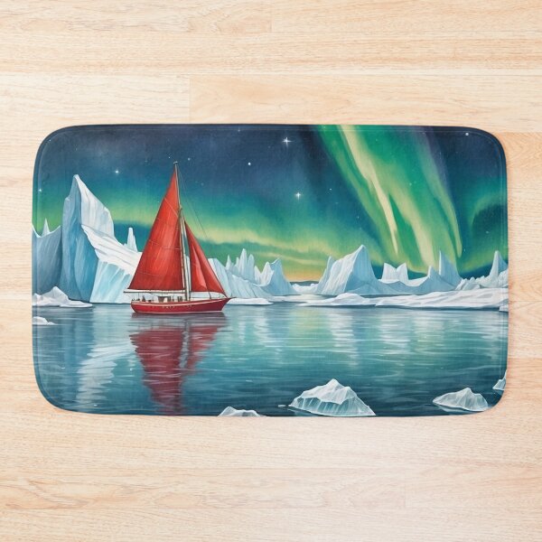 Item preview, Small red sailboat ship among big icebergs in the waters of north pole sea.Northern lights at background.Sea travel and adventures concepts designed and sold by Andrey-Myagkov.