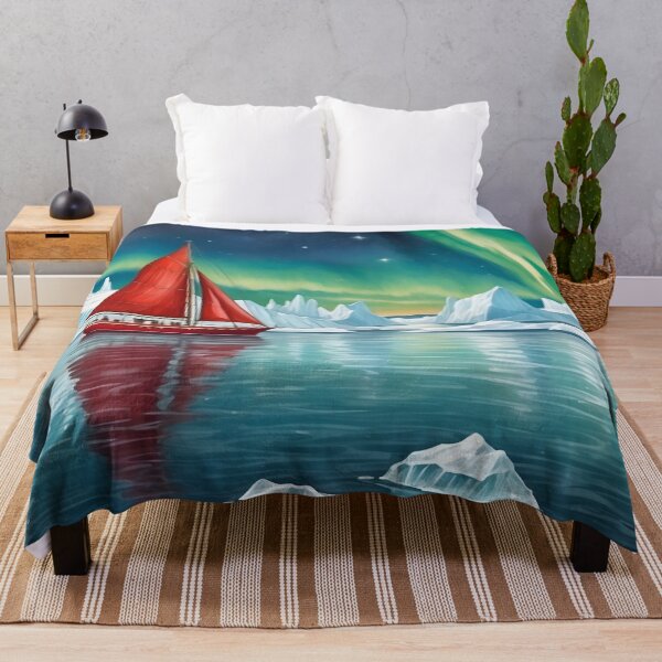 Item preview, Small red sailboat ship among big icebergs in the waters of north pole sea.Northern lights at background.Sea travel and adventures concepts designed and sold by Andrey-Myagkov.