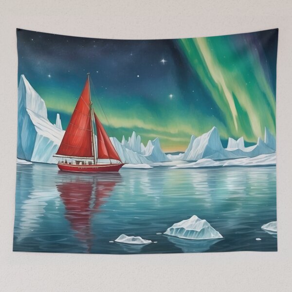 Item preview, Small red sailboat ship among big icebergs in the waters of north pole sea.Northern lights at background.Sea travel and adventures concepts designed and sold by Andrey-Myagkov.