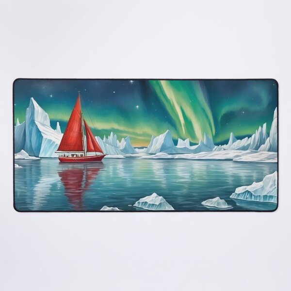 Item preview, Small red sailboat ship among big icebergs in the waters of north pole sea.Northern lights at background.Sea travel and adventures concepts designed and sold by Andrey-Myagkov.