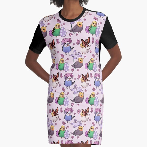 Spring Budgies & Cockatiels - Pink Graphic T-Shirt Dress