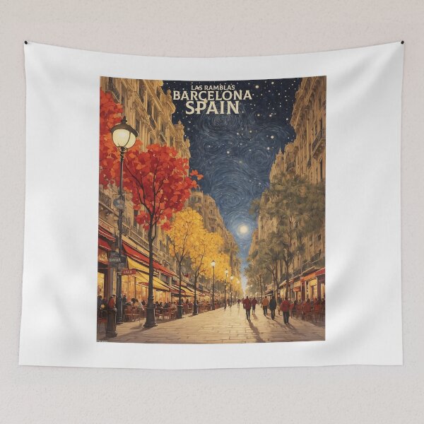 Item preview, Las Ramblas Barcelona Spain Starry Night and Moon Tourism Vintage Poster designed and sold by TravelersGems.