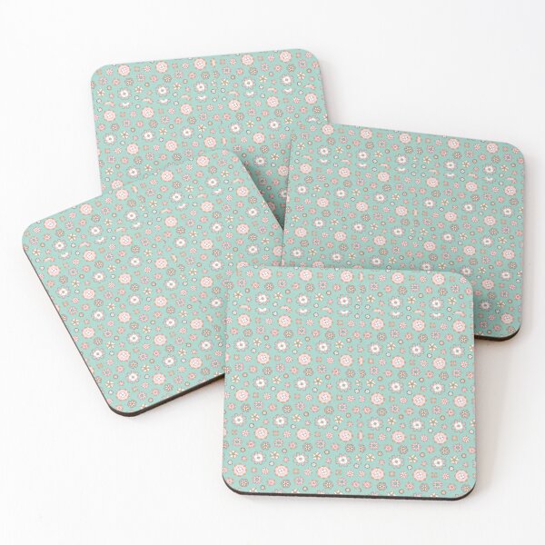 Item preview, Floral pattern with pink rosettes on mint green designed and sold by colorofmagic.