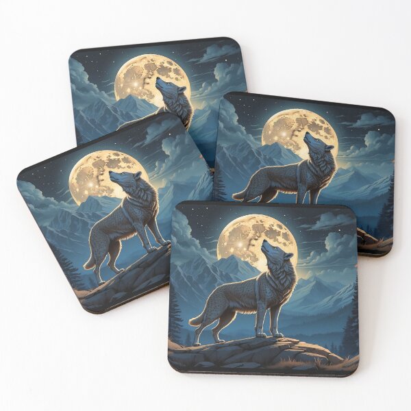 Item preview, Wolf howling at full moon, mountainous landscape. designed and sold by ArtComixHaven.
