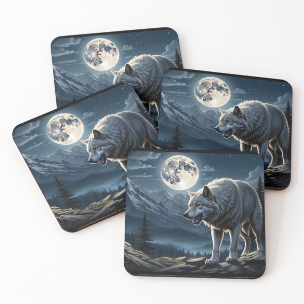 Item preview, Wolf under moonlight, mountains and forest backdrop. designed and sold by ArtComixHaven.