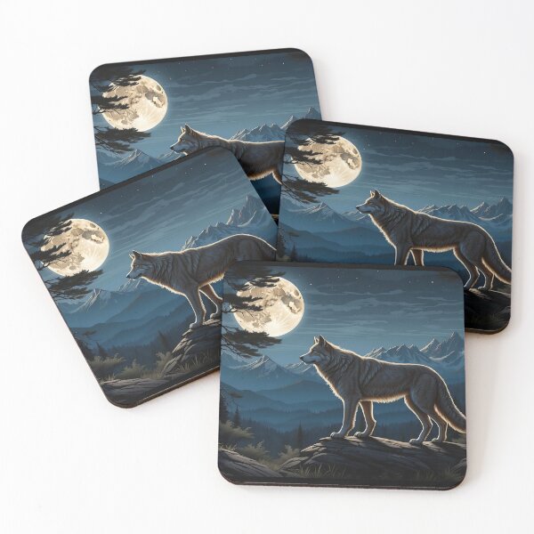 Item preview, Wolf under moonlight, mountains and forest backdrop. designed and sold by ArtComixHaven.