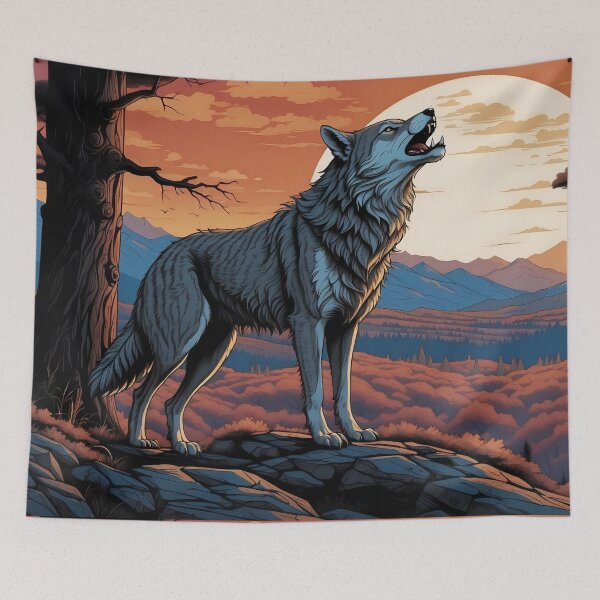 Item preview, Wolf howling, full moon, colorful forest landscape.” designed and sold by ArtComixHaven.