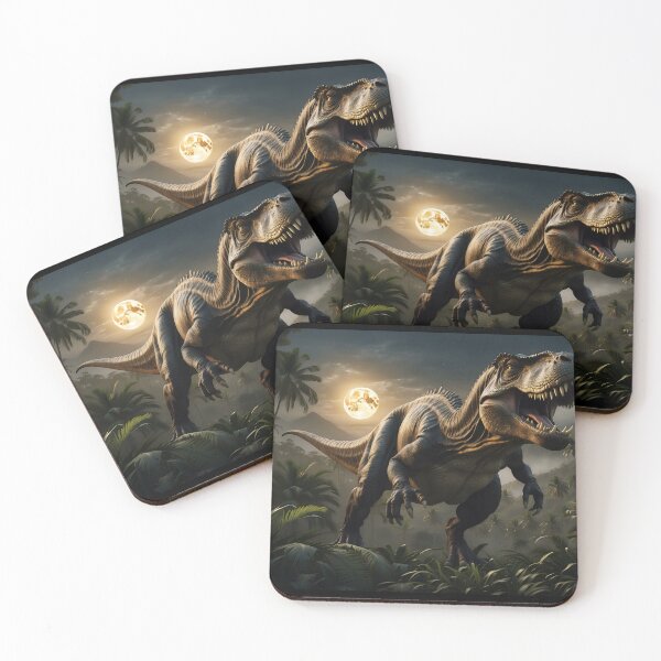 Item preview, A roaring dinosaur in a moonlit, prehistoric jungle designed and sold by ArtComixHaven.