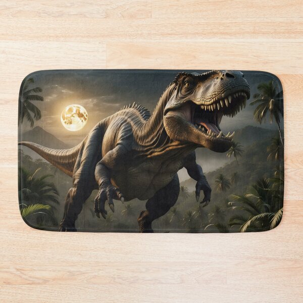 Item preview, A roaring dinosaur in a moonlit, prehistoric jungle designed and sold by ArtComixHaven.