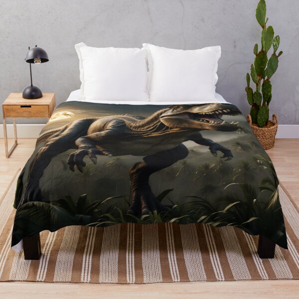 Item preview, A roaring dinosaur in a moonlit, prehistoric jungle designed and sold by ArtComixHaven.