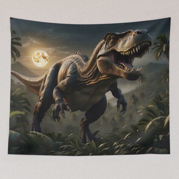Item preview, A roaring dinosaur in a moonlit, prehistoric jungle designed and sold by ArtComixHaven.