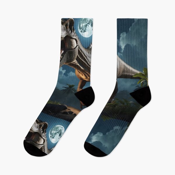 Item preview, Dinosaur roars under moonlight amidst a tropical jungle. designed and sold by ArtComixHaven.