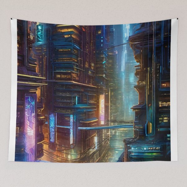 Item preview, Cyber City Cityscape at Night - Surreal Sci Fi Art concept designed and sold by Delerat7.
