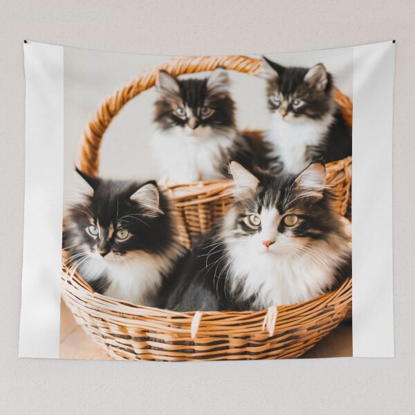 Item preview, Norwegian long-haired cat, in a wicker basket with her three little kittens designed and sold by janjacbu.