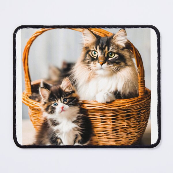 Item preview, Norwegian long-haired cat, in a wicker basket with her kitten designed and sold by janjacbu.