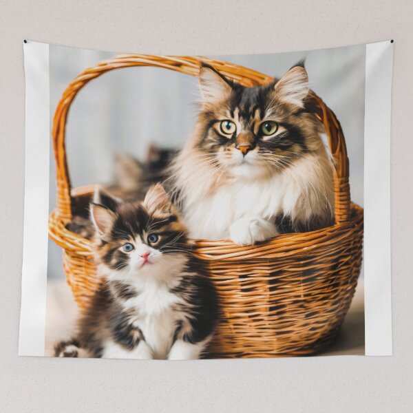 Item preview, Norwegian long-haired cat, in a wicker basket with her kitten designed and sold by janjacbu.