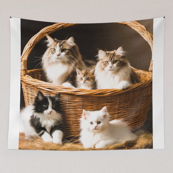 Item preview, Norwegian long-haired cat, in a wicker basket, her little kittens designed and sold by janjacbu.
