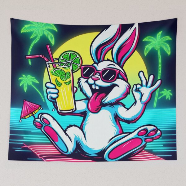 Artikelvorschau, Lustiger Neonhase, der Limonade am Strand genießt entworfen und verkauft von Gaborai.