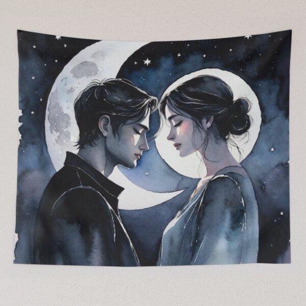 Item preview, a couple facing the moon at night in black designed and sold by relaxbito.