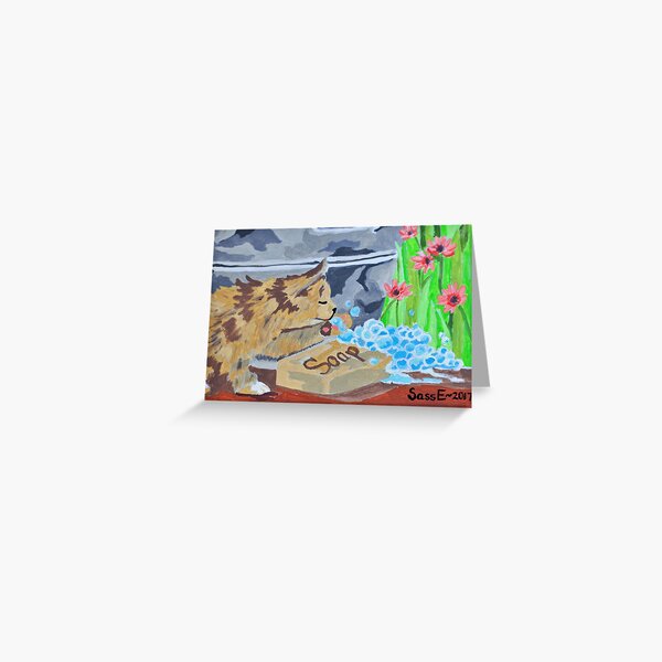 SassEart - Orange Cat with Soap by SassEsnacks Greeting Card