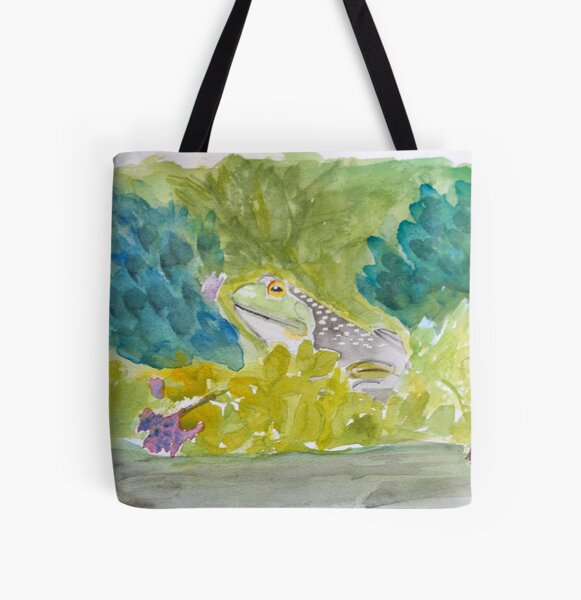 Happy Frog #1 by SassEsnacks in Watercolor All Over Print Tote Bag