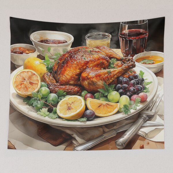 Item preview, Cornucopia Canvas - A Turkey Feast Spread Out On A Table - Food Art - Watercolor Art designed and sold by CastleBySea.