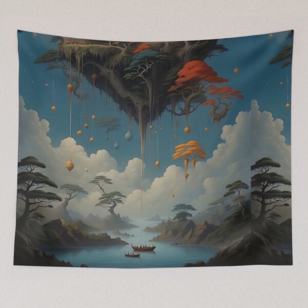 Item preview, Floating Temples and Mystic Trees Beneath a Celestial Orb designed and sold by ArtComixHaven.