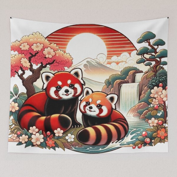 Item preview, Red Panda Kawaii Couple Cuddling at the Waterfall designed and sold by eatmorvelopator.