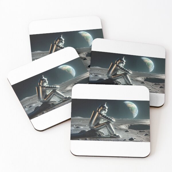 Item preview, A realistic depiction of the Tin Man, metallic and reflective, sitting contemplatively on the moon, designed and sold by quantum X.