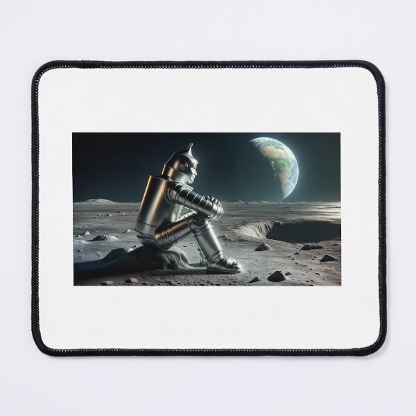 Item preview, A realistic depiction of the Tin Man, metallic and reflective, sitting contemplatively on the moon, designed and sold by quantum X.