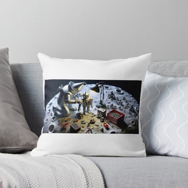 Item preview, A detailed scene of the Tin Man, meticulously assembling a quirky, cartoonish robot on the moon. The moon's surface is depicted as a workshop designed and sold by quantum X.