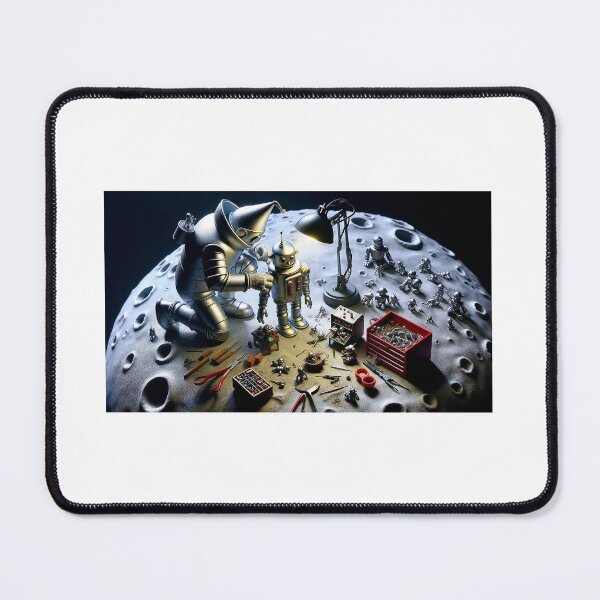 Item preview, A detailed scene of the Tin Man, meticulously assembling a quirky, cartoonish robot on the moon. The moon's surface is depicted as a workshop designed and sold by quantum X.