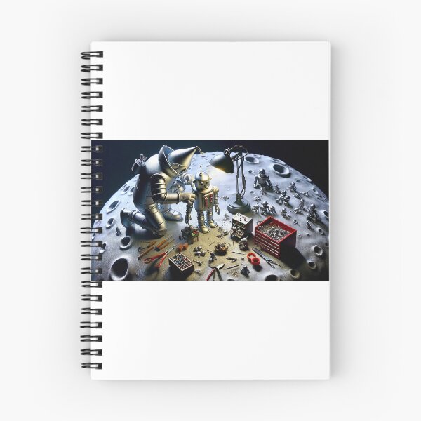 Item preview, A detailed scene of the Tin Man, meticulously assembling a quirky, cartoonish robot on the moon. The moon's surface is depicted as a workshop designed and sold by quantum X.