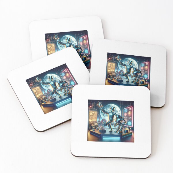 Item preview, A whimsical portrayal of the Tin Man, joyfully building a sleek, futuristic robot friend on the moon. The background features a high-tech lunar base,  designed and sold by quantum X.