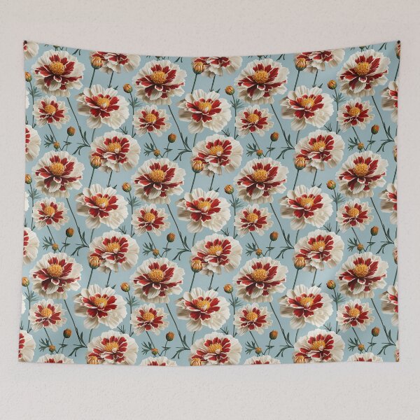 Item preview, Hyper Realistic Illustration of Blossoming Dark Red and White Flowers on Blue Seamless Pattern designed and sold by SourHeadPattern.