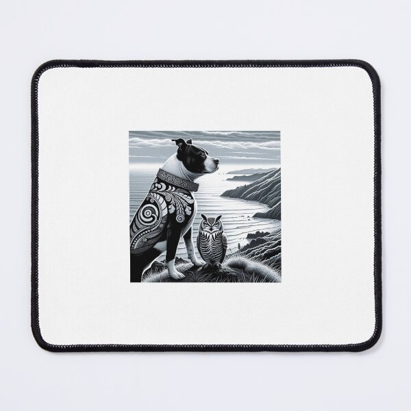 Item preview, Bull Staffordshire Terrier Black and White with Ruru (Owl) designed and sold by Traci Coxhead.