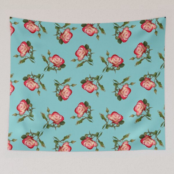 Item preview, Red and Creme Rose with Buds on Turquoise designed and sold by STHogan2.