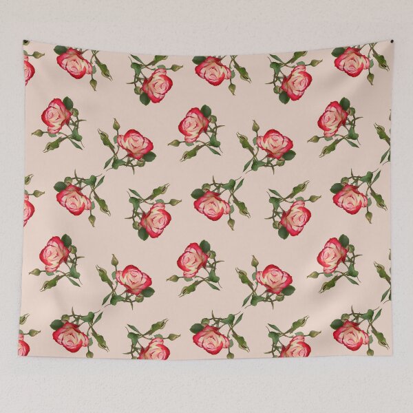 Item preview, Red and Creme Rose with Buds on Pale Earthy Pink designed and sold by STHogan2.