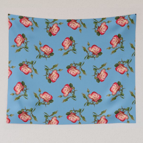 Item preview, Red and Creme Rose with Buds on Blue designed and sold by STHogan2.