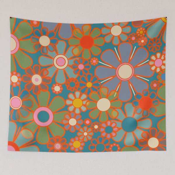 Item preview, Retro Garden Flowers Vintage 60s 70s Aesthetic Floral Pattern on Blue designed and sold by kierkegaard.
