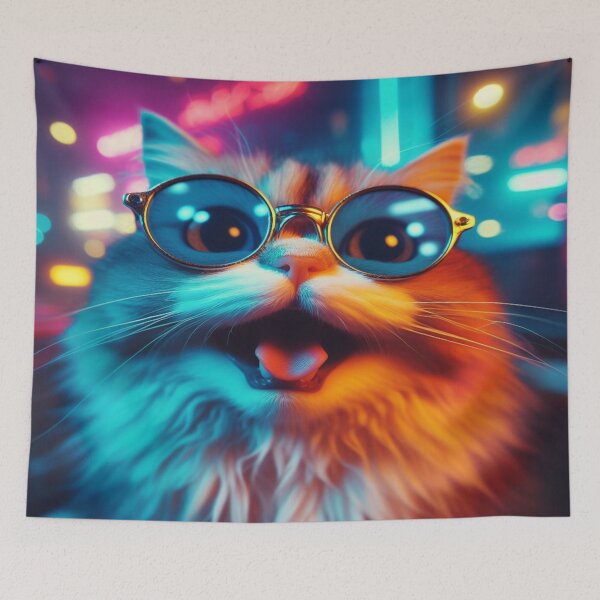 Item preview, Vibrant Neon City Lights Reflecting on a Surprised Cat Wearing Sunglasses - Digital Artwork for Modern Decor designed and sold by Arte-Excellency.
